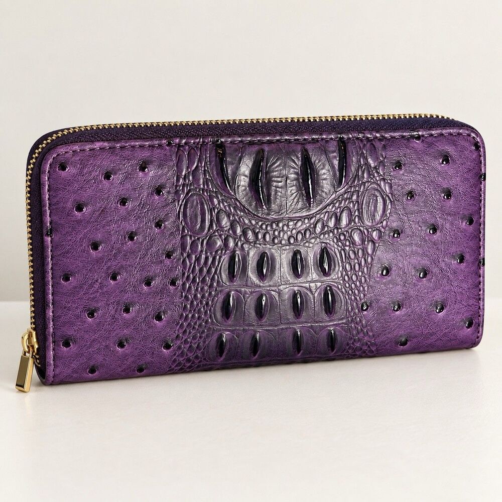 Faux Croc Ostrich Embossed Zip Around Continental Wallet Goldtone 7.5 x 4 Inch